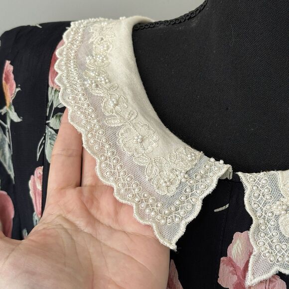 Vtg Floral Tea Dress 12 Battenburg Lace Pearl Collar Cottage Grandma Modest Twee - Picture 3 of 14